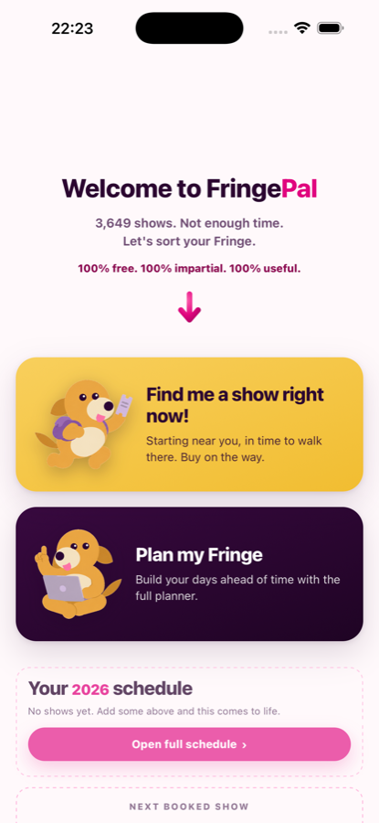 The FringePal home screen showing your 2026 schedule