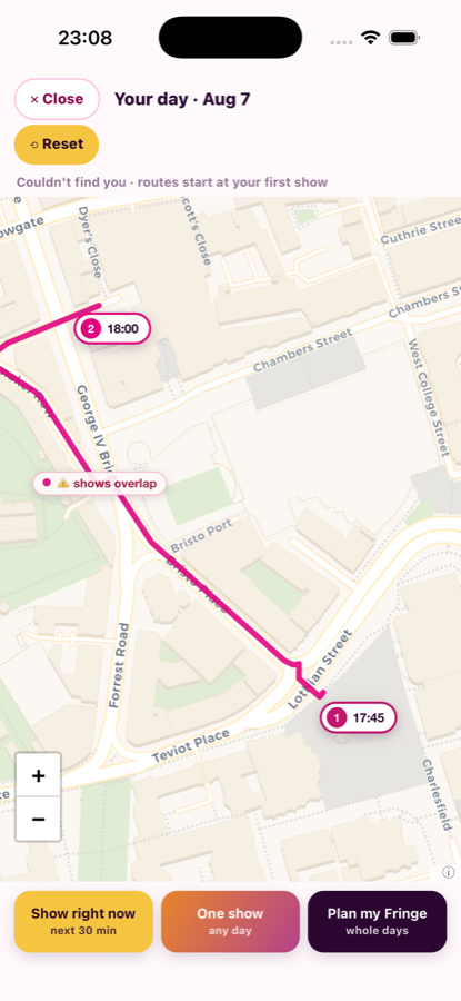 A walking route drawn from where you are to the venue